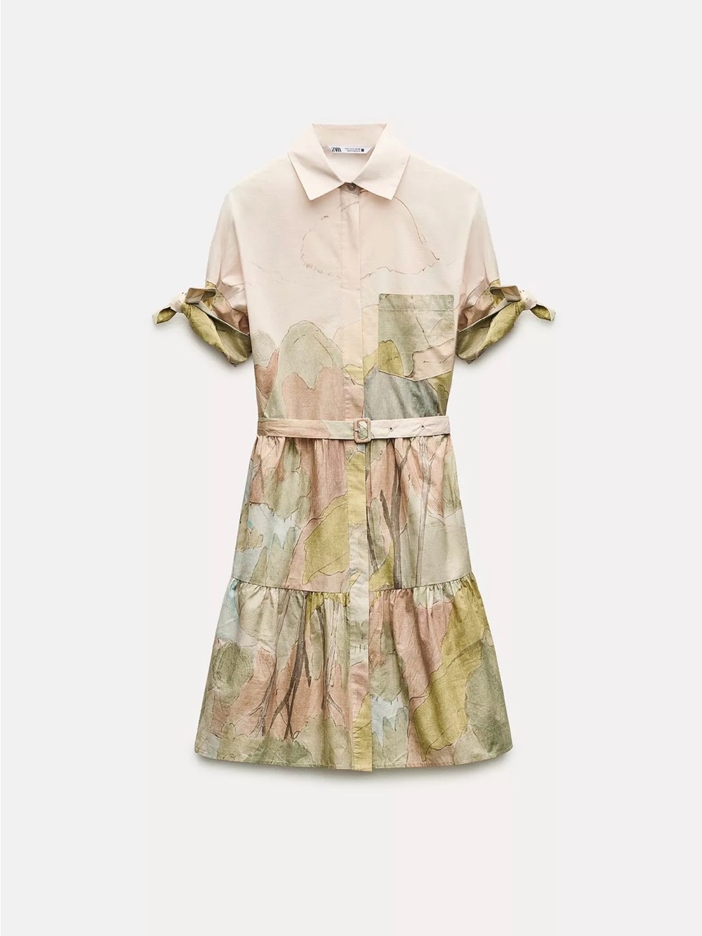 Zara Pastel Watercolor Belted Shirt Dress